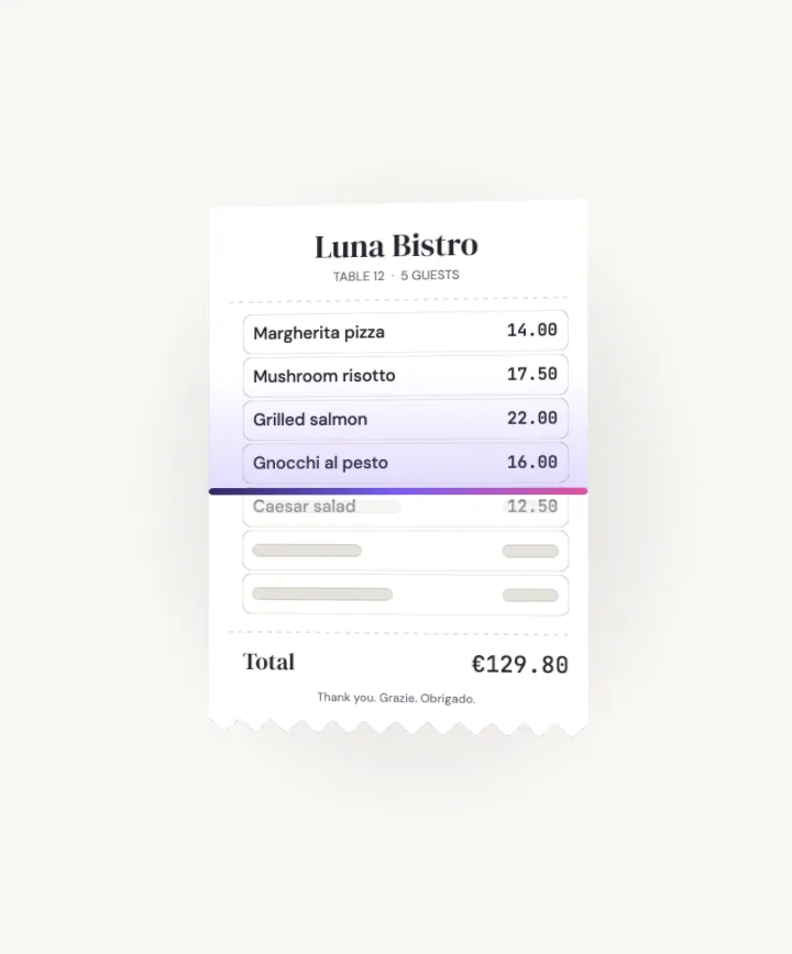 A restaurant receipt being read line by line by an AI scan beam.